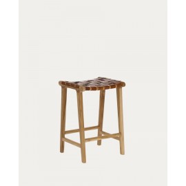 Taboret drewno tekowe siedzisko skóra Calixta