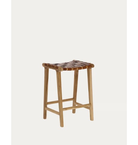 Taboret drewno tekowe siedzisko skóra Calixta