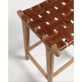 Taboret drewno tekowe siedzisko skóra Calixta