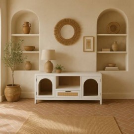 Komoda biała RTV z plecionką wiedeńską Windows